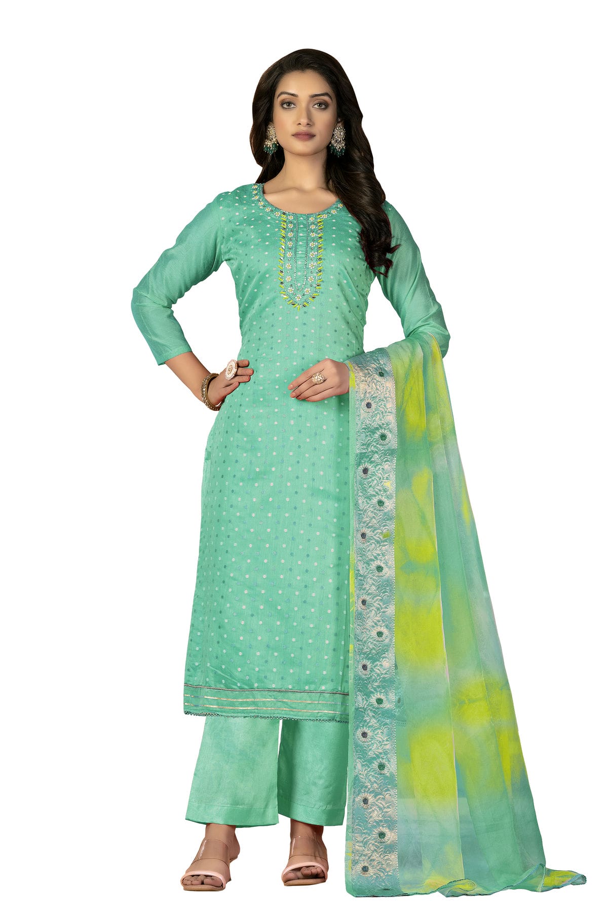 Sea Green Colour Unstitched Modal Cotton Jacquard Fabric Straight Suit