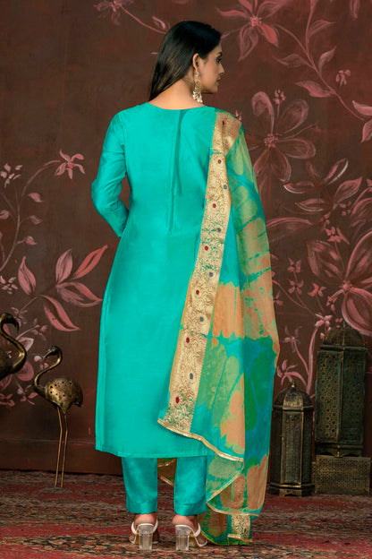 Sea Green Colour Unstitched Modal Cotton Jacquard Pant Style Suit