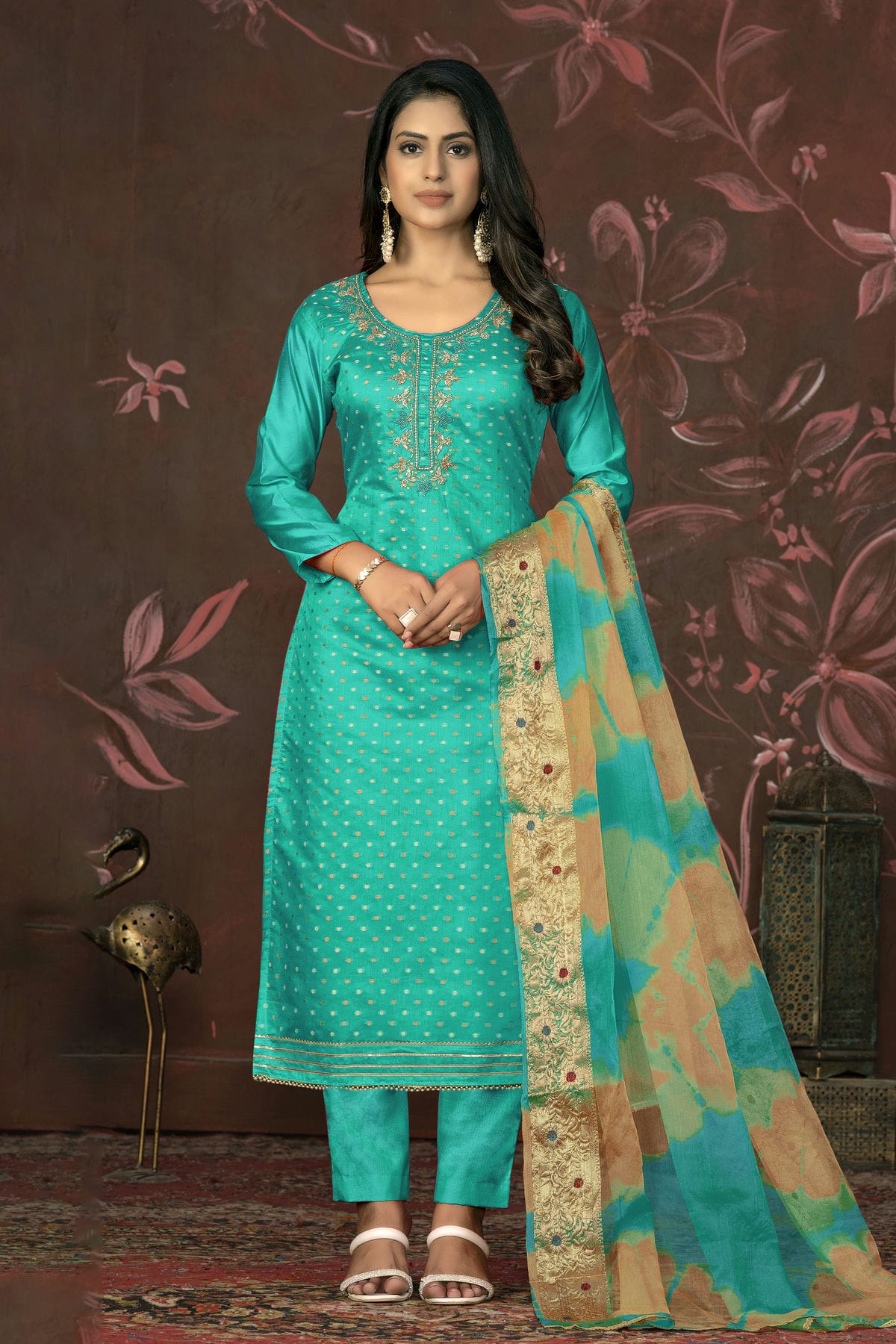 Sea Green Colour Unstitched Modal Cotton Jacquard Pant Style Suit