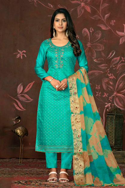 Sea Green Colour Unstitched Modal Cotton Jacquard Pant Style Suit