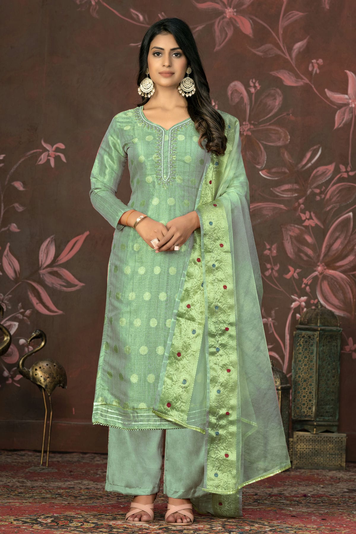 Sea Green Colour Unstitched Modal Cotton Jacquard Straight Suit