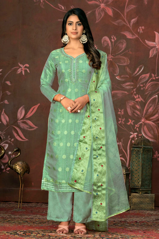 Sea Green Colour Unstitched Modal Cotton Jacquard Straight Suit