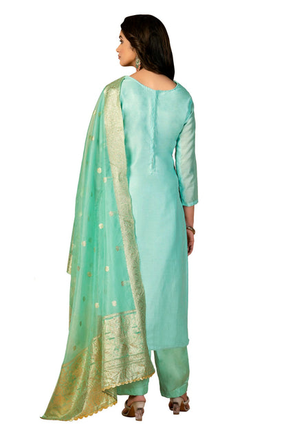 Sea Green Colour Unstitched Modal Silk Fabric Straight Suit