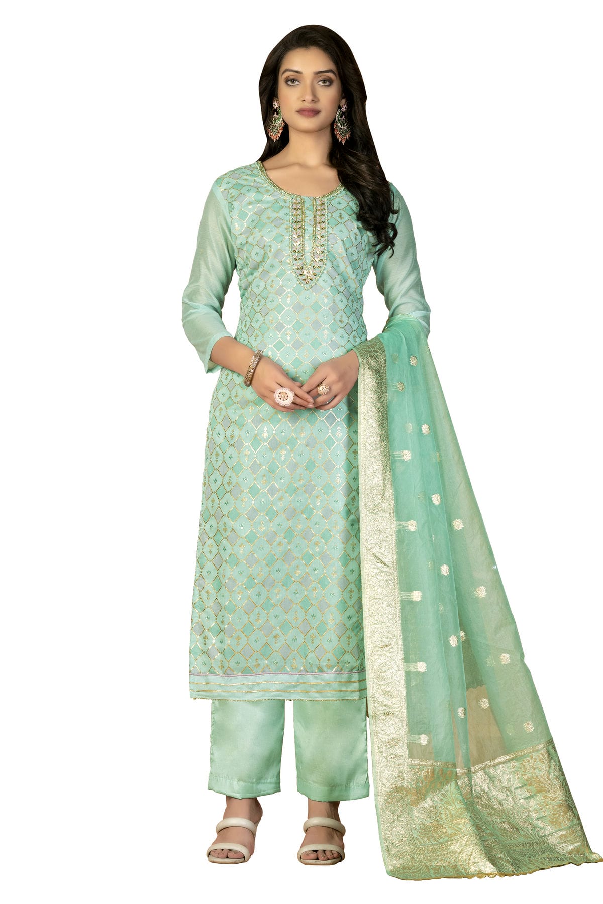 Sea Green Colour Unstitched Modal Silk Fabric Straight Suit