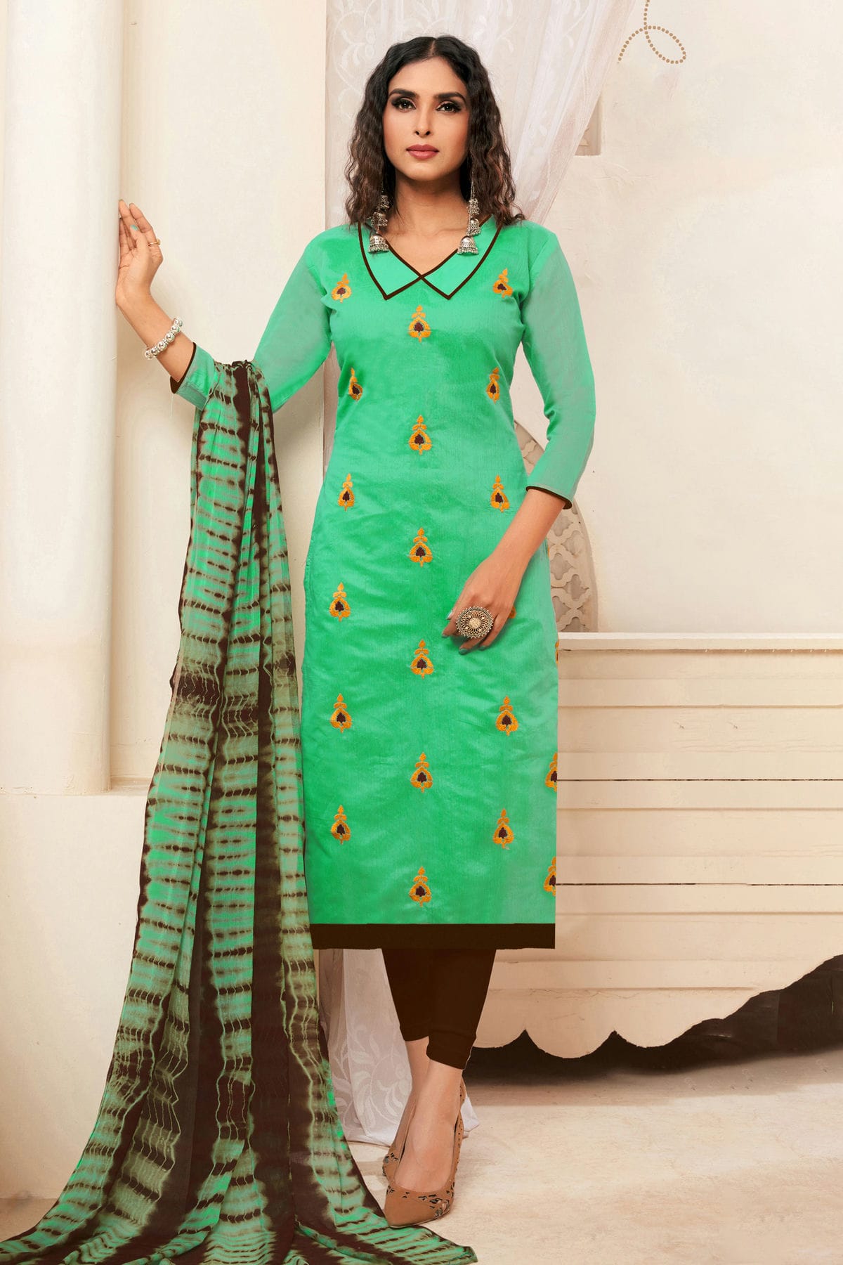 Sea Green Colour Unstitched Modal Silk Straight Suit