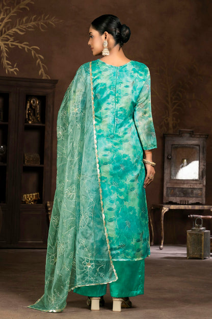 Sea Green Colour Unstitched Organza Banarasi Jacquard Straight Suit