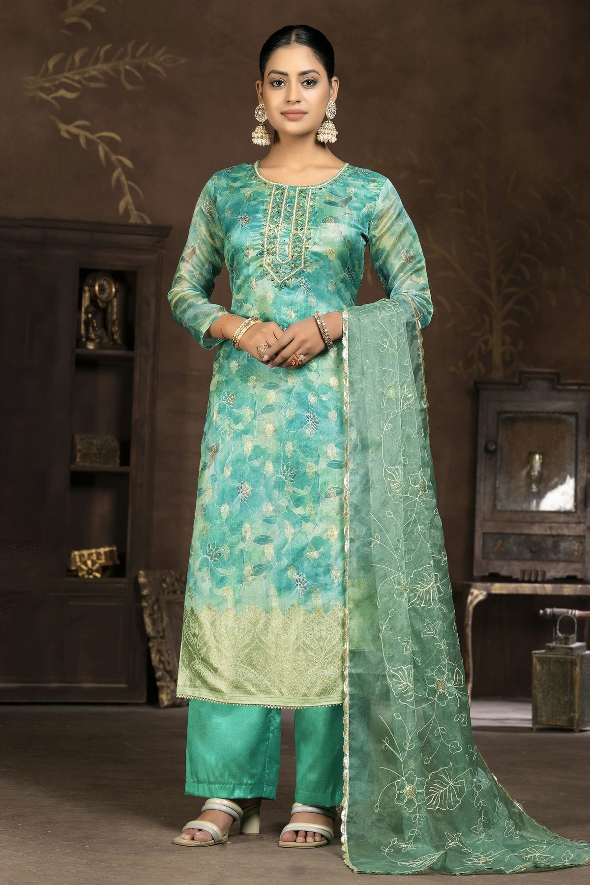 Sea Green Colour Unstitched Organza Banarasi Jacquard Straight Suit