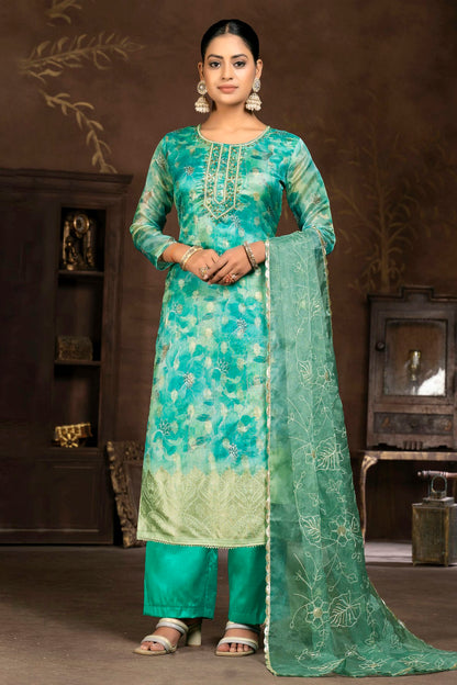 Sea Green Colour Unstitched Organza Banarasi Jacquard Straight Suit