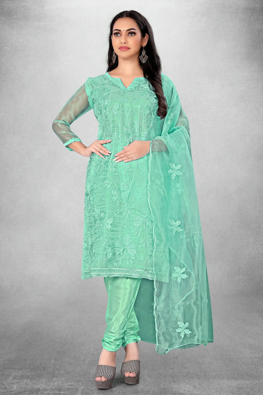 Sea Green Colour Unstitched Organza Churidar Suit