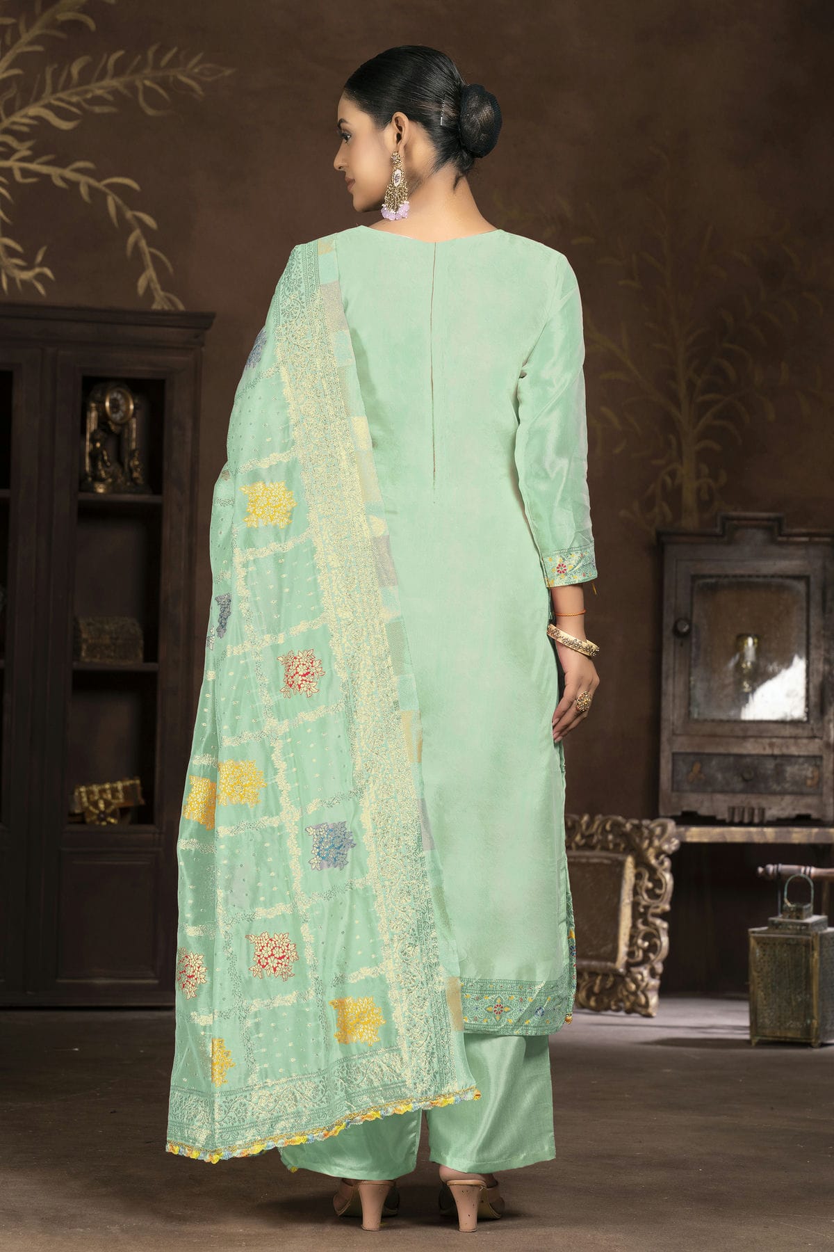 Sea Green Colour Unstitched Organza Jacquard Plazzo Pant Suit