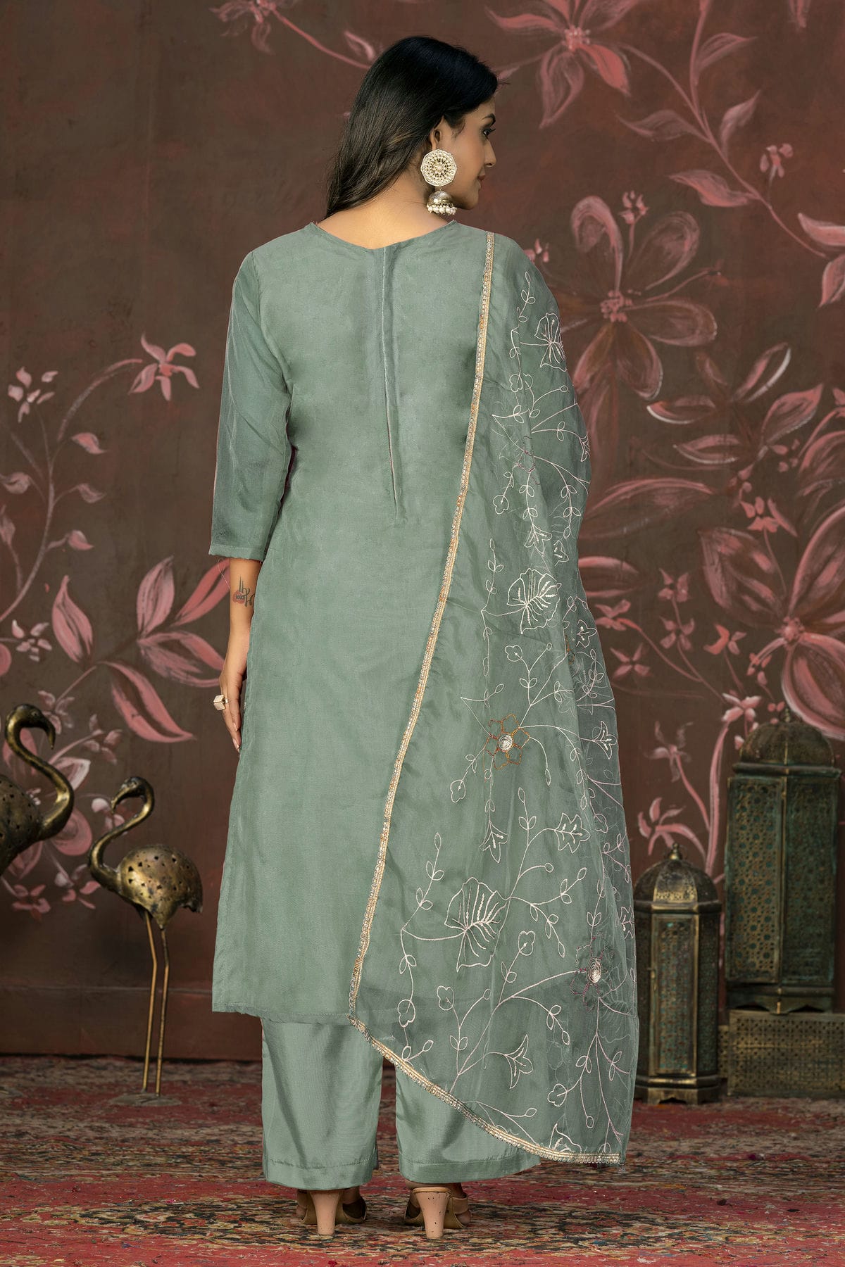 Sea Green Colour Unstitched Organza Jacquard Straight Suit