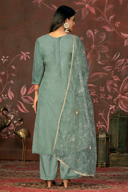 Sea Green Colour Unstitched Organza Jacquard Straight Suit