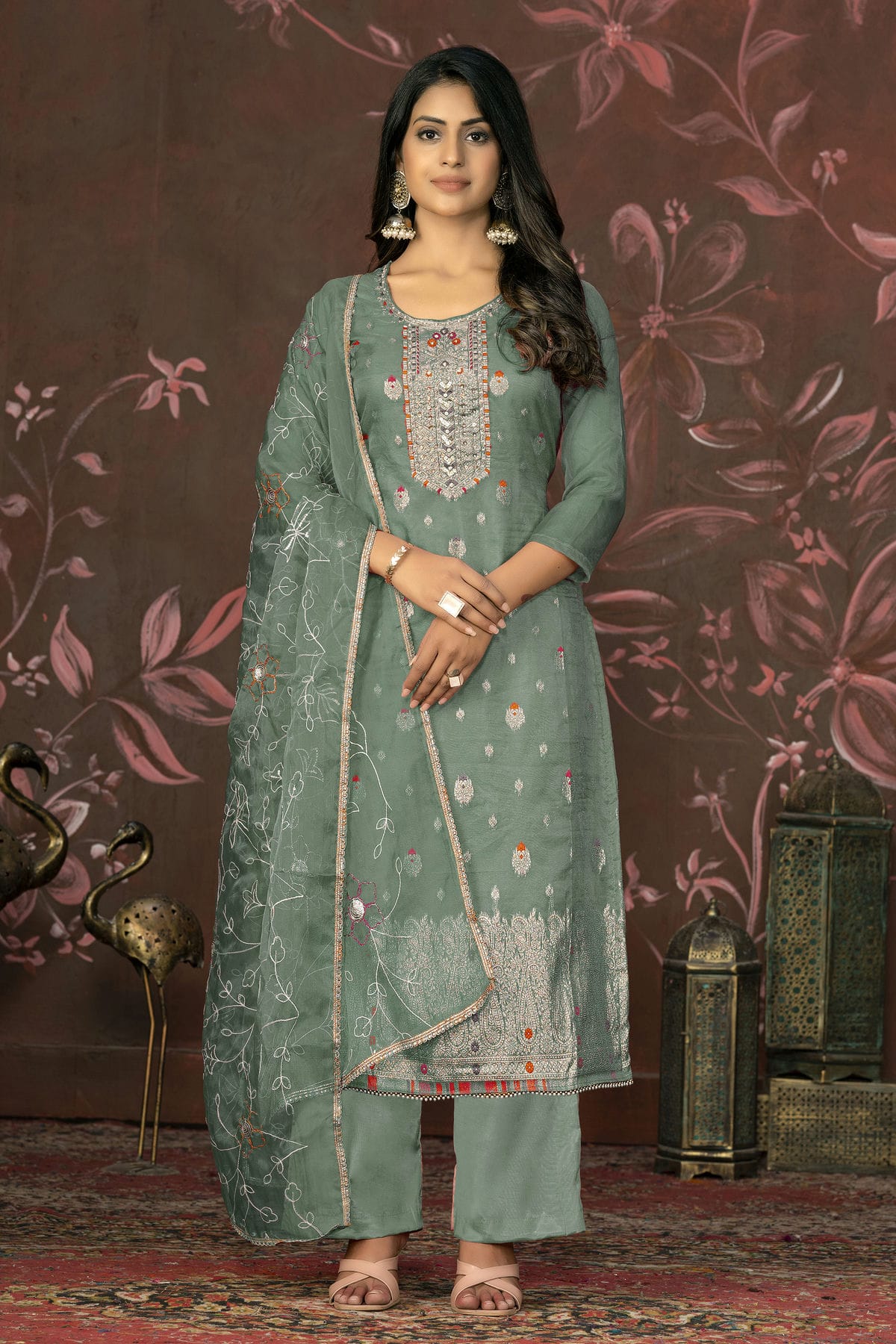 Sea Green Colour Unstitched Organza Jacquard Straight Suit