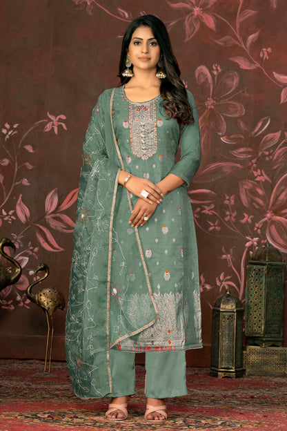 Sea Green Colour Unstitched Organza Jacquard Straight Suit