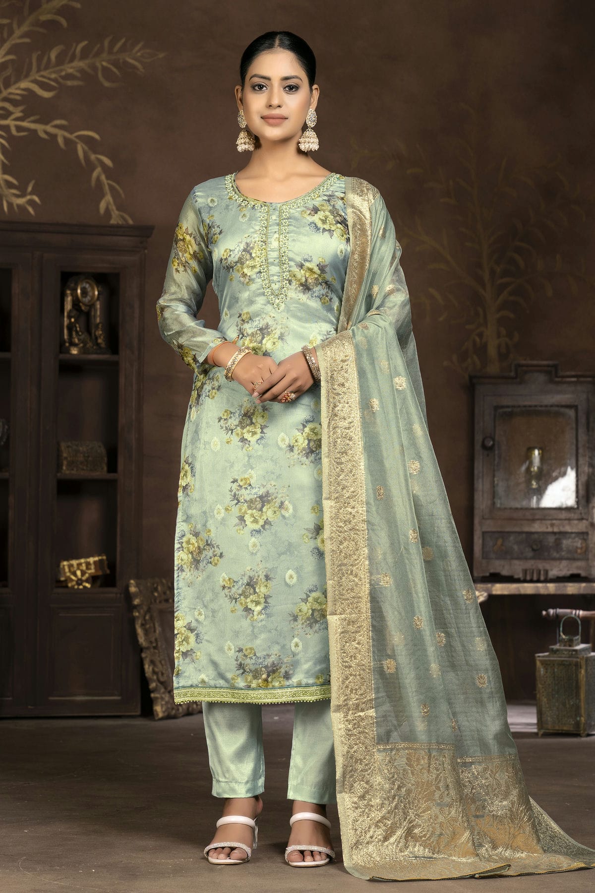 Sea Green Colour Unstitched Organza Pant Style Suit