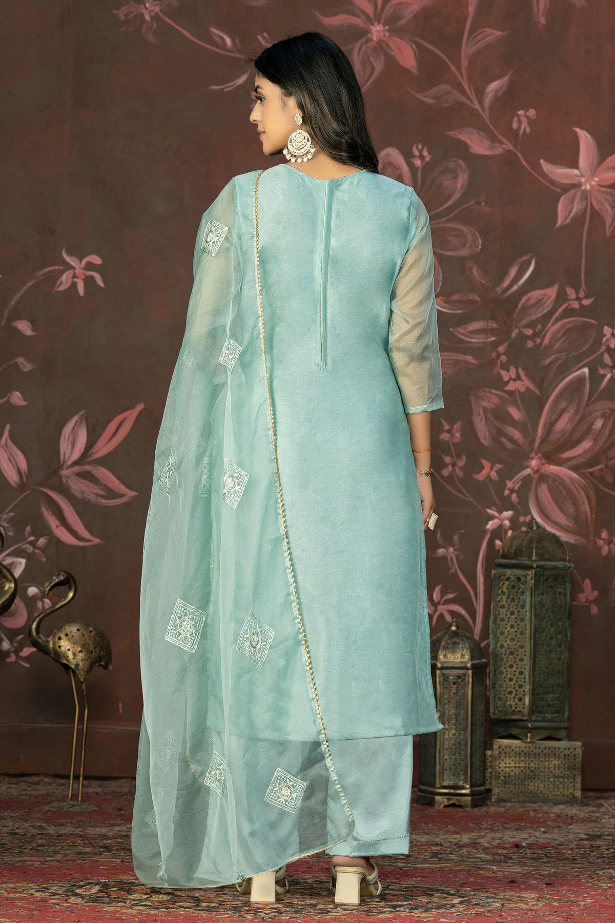 Sea Green Colour Unstitched Pure Organza Straight Suit