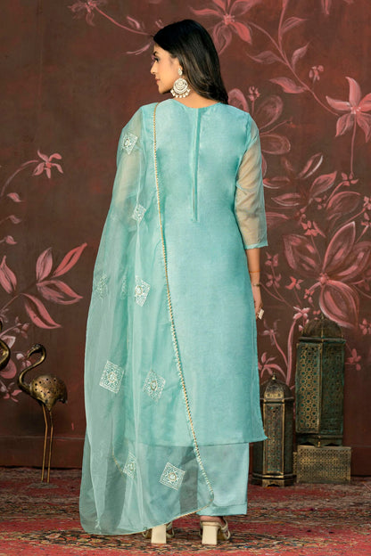 Sea Green Colour Unstitched Pure Organza Straight Suit