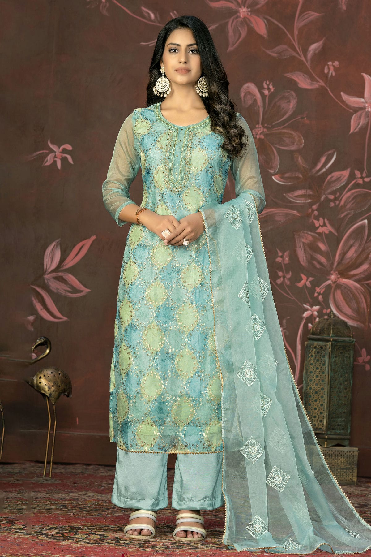 Sea Green Colour Unstitched Pure Organza Straight Suit