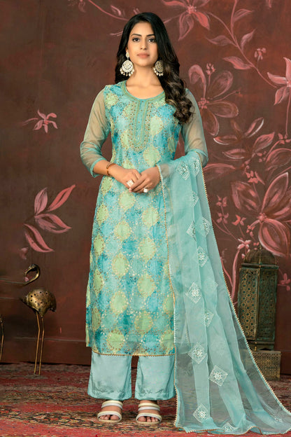 Sea Green Colour Unstitched Pure Organza Straight Suit