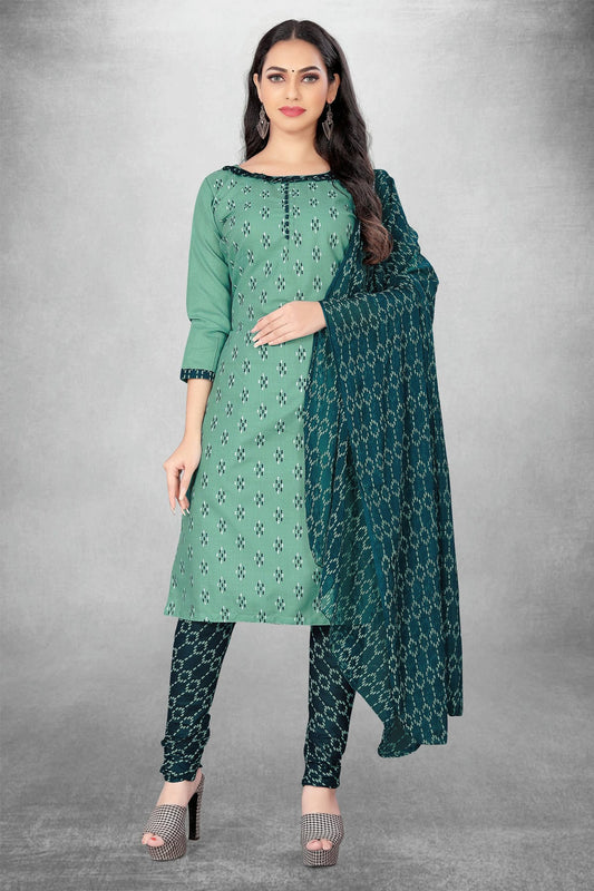 Sea Green Colour Unstitched Slub Cotton Churidar Suit