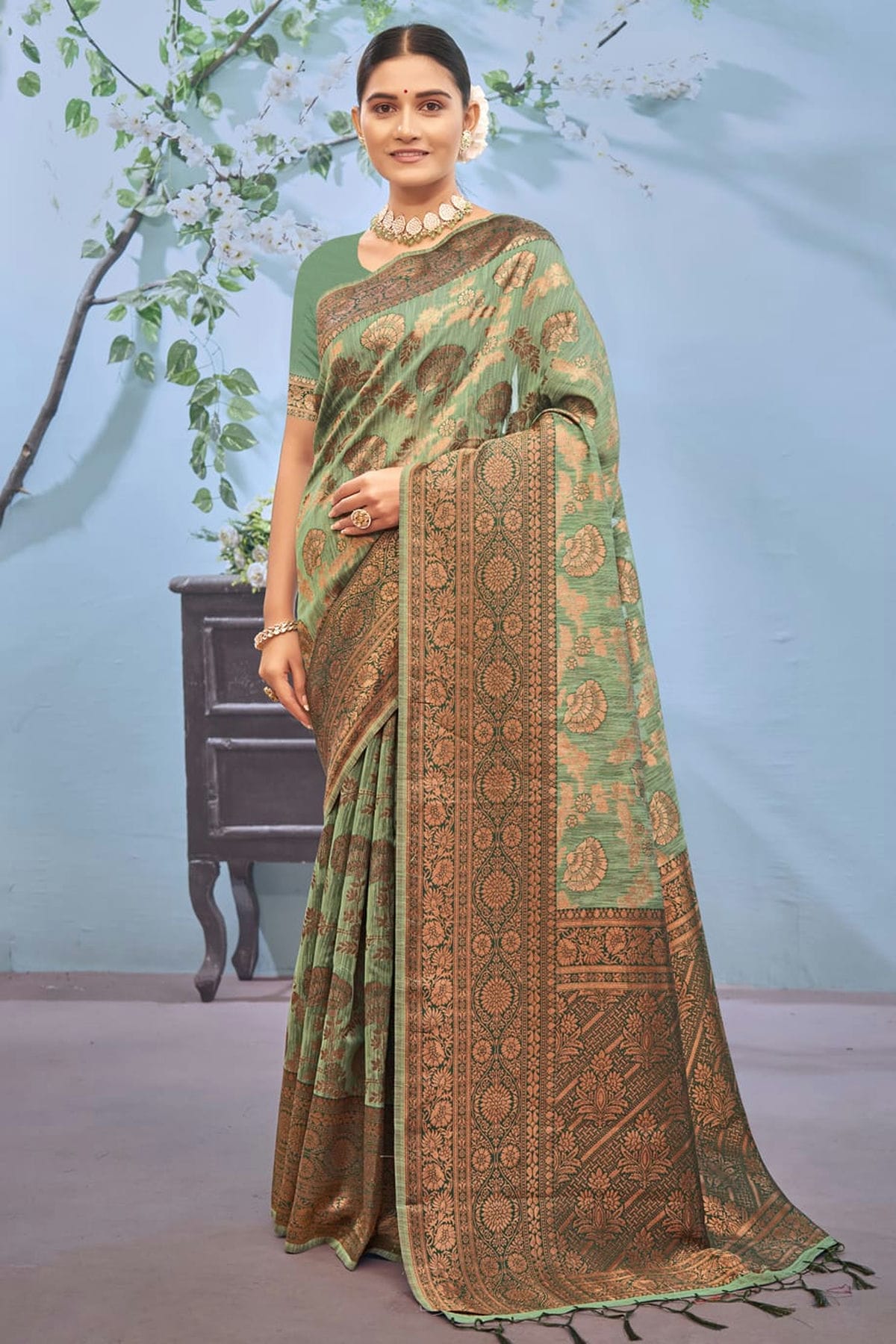 Sea Green Colour Woven Work Cotton Saree