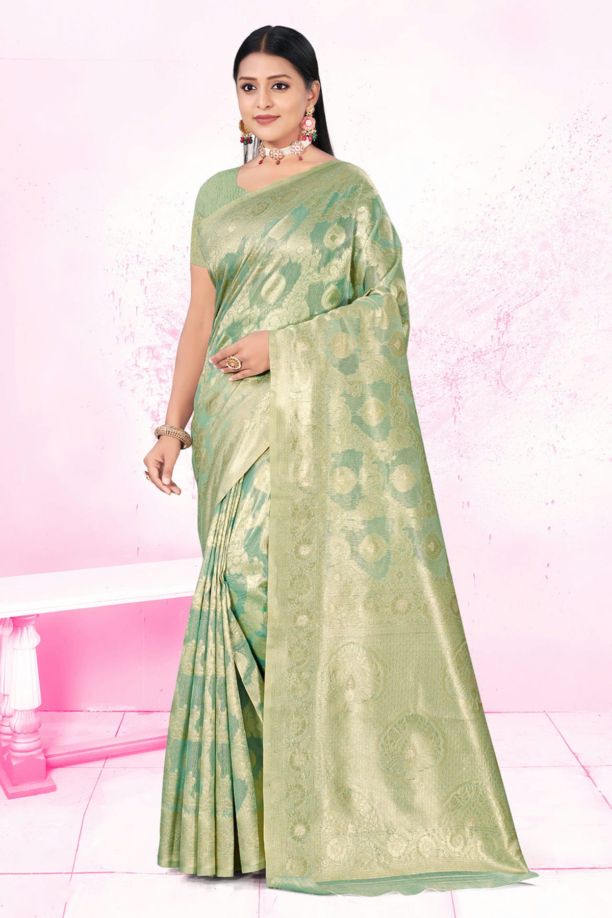 Sea Green Colour Woven Work Cotton Saree