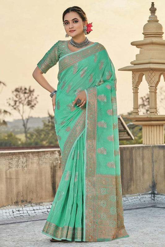 Sea Green Colour Woven Work Linen Saree