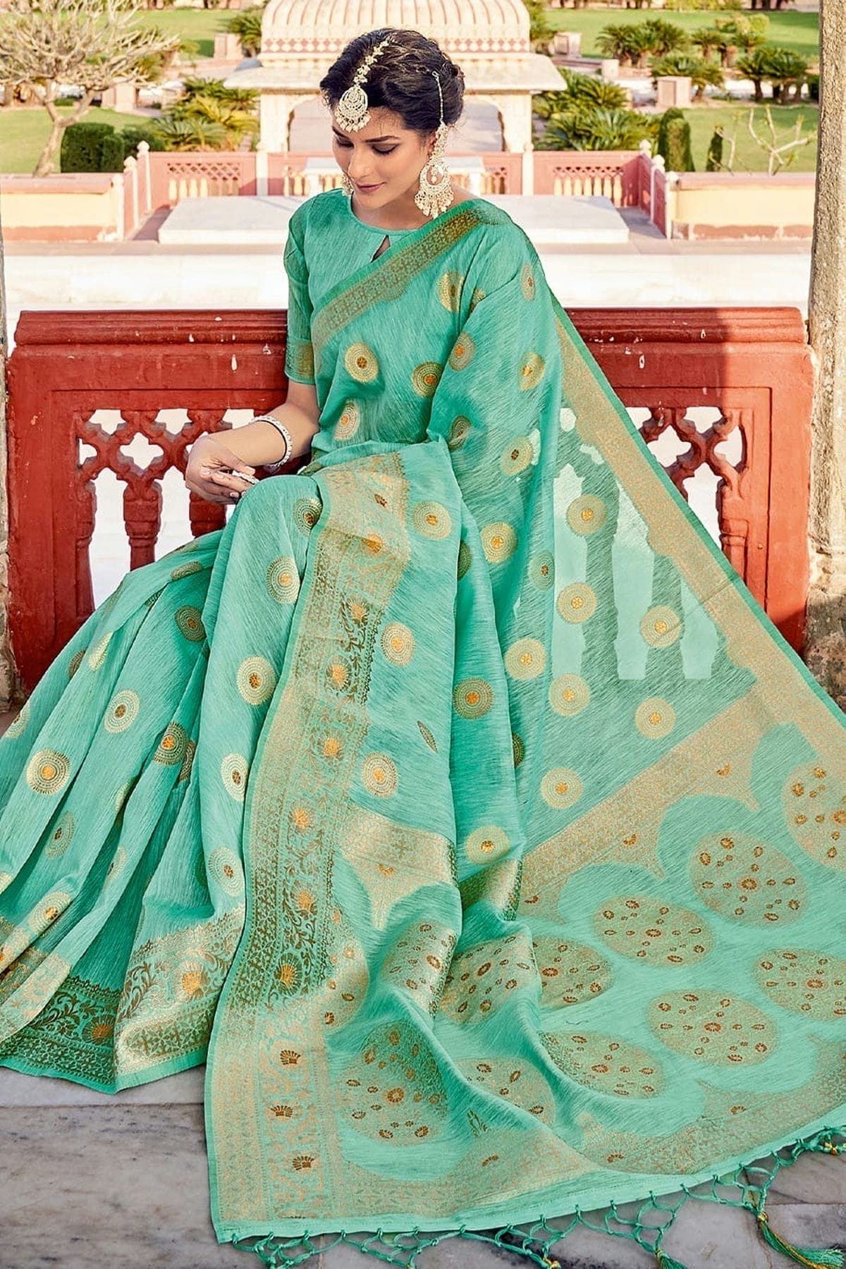 Sea Green Colour Woven Work Linen Saree