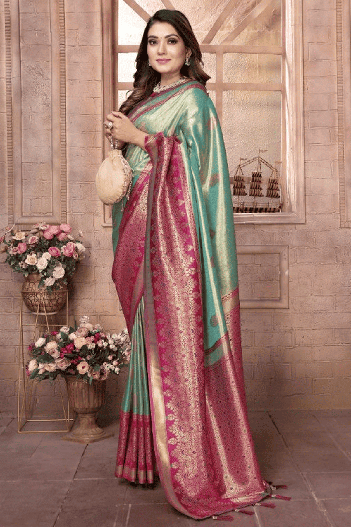 Sea Green Colour Woven Work Pure Banarasi Tissue Silk Traditional Saree VSSD1250290