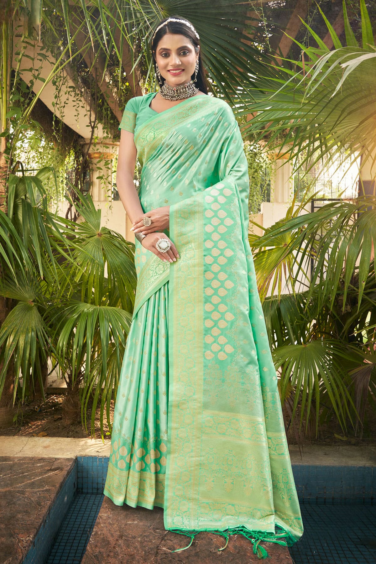 Sea Green Colour Woven Work Silk Saree