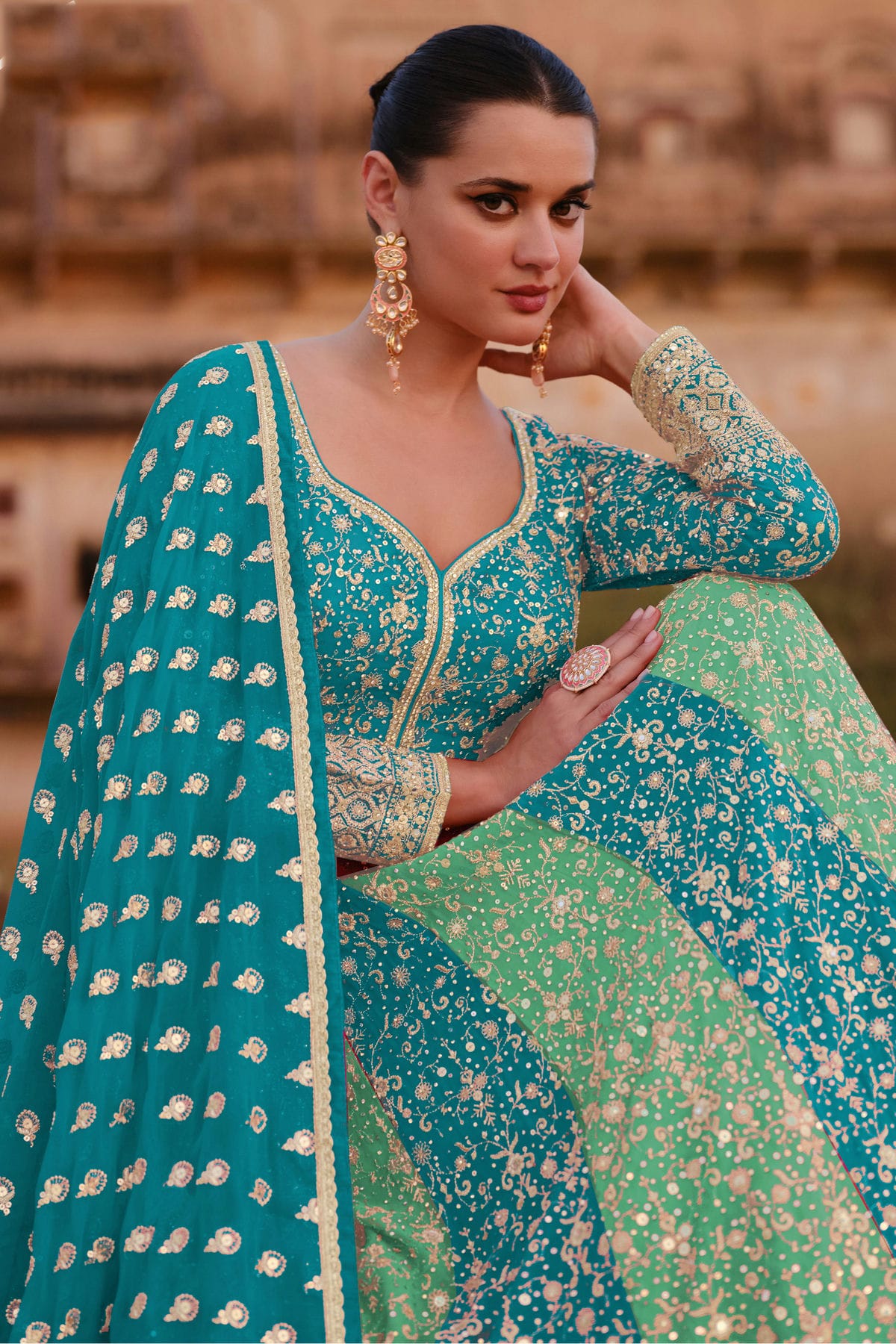 Sea Green and Sky Blue Colour Gerogette Semi Stitched Anarkali Suit VSSM1140450