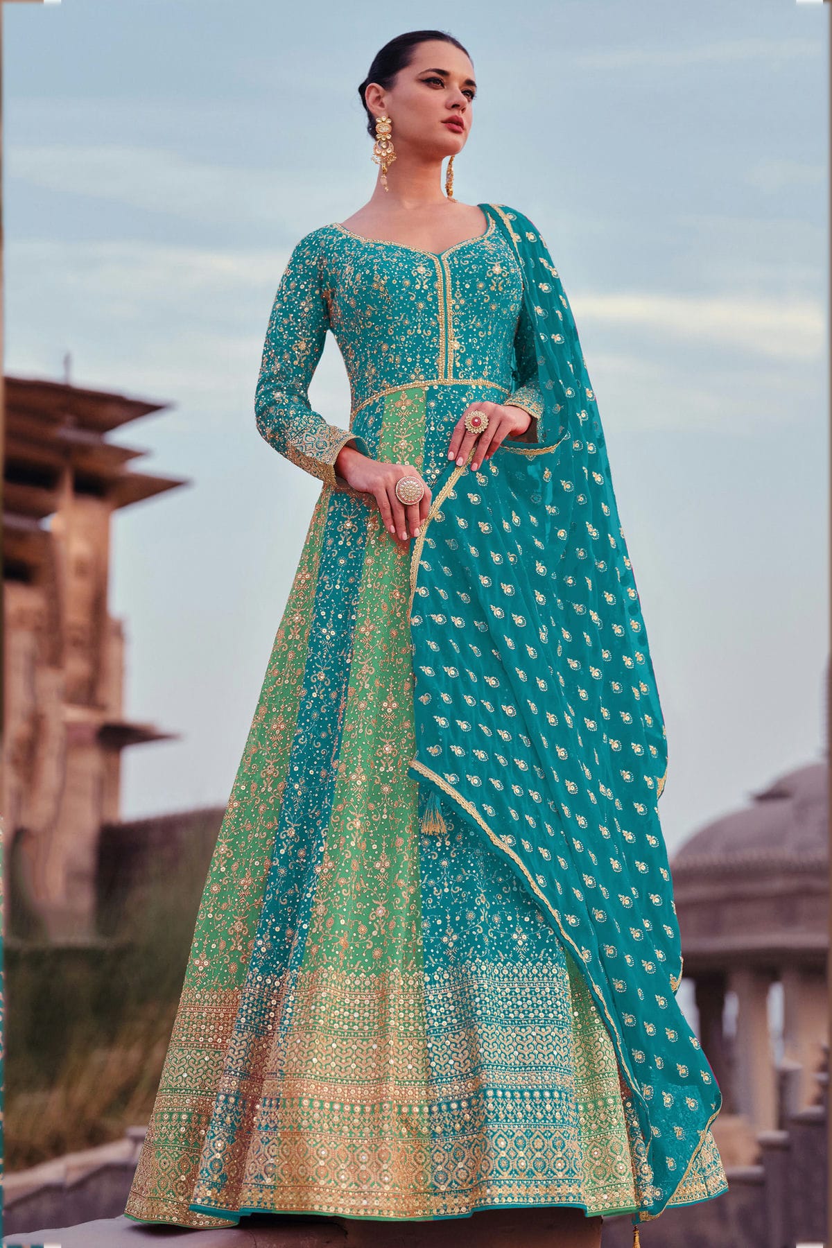 Sea Green and Sky Blue Colour Gerogette Semi Stitched Anarkali Suit