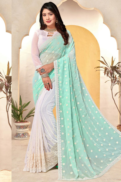 Sea Green and White Colour Georgette Half N Half Saree