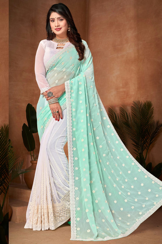 Sea Green and White Colour Georgette Half N Half Saree