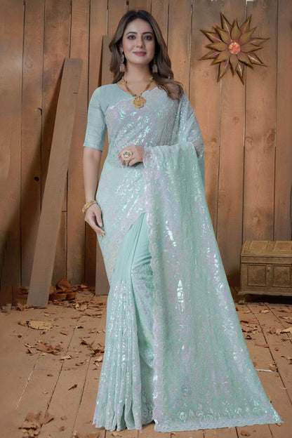 Sea Green Colour Georgette Saree