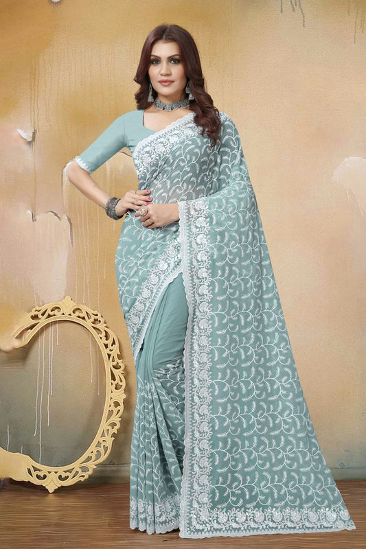 Sea Green Colour Georgette Saree