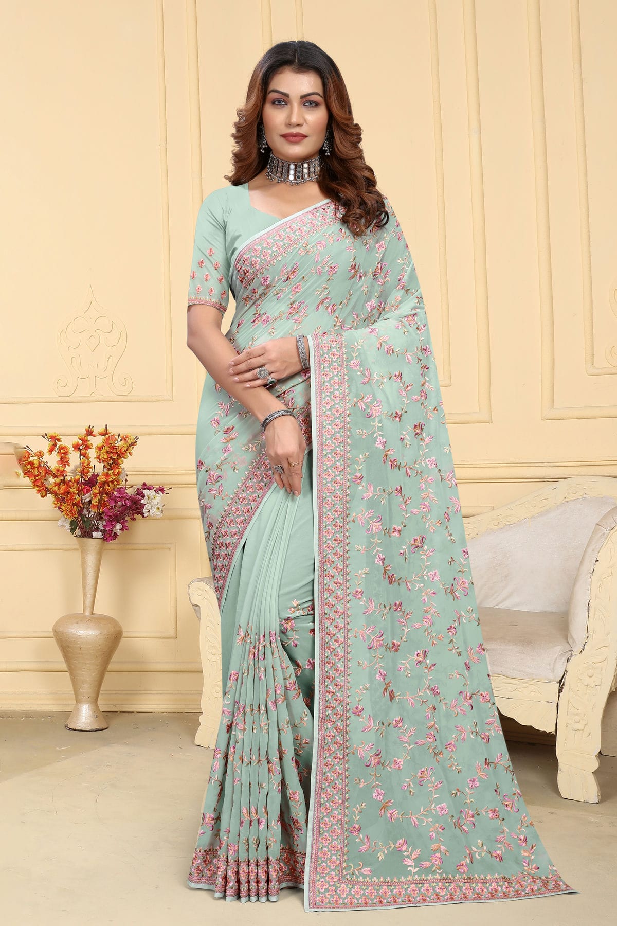 Sea Green Colour Georgette Saree