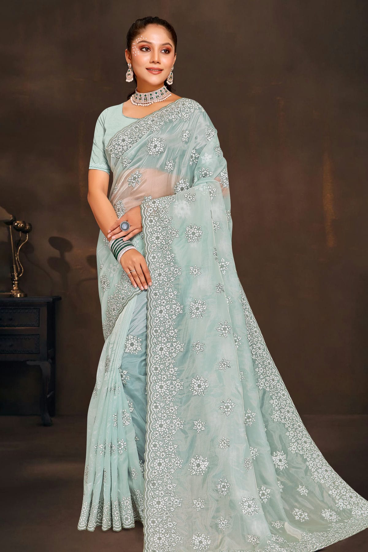 Sea Green Colour Organza Saree