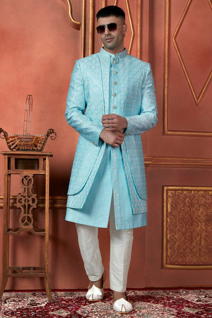 Sky Blue Colour Art Silk Indowestern Sherwani With Aligadhi Pant VSSH1230085