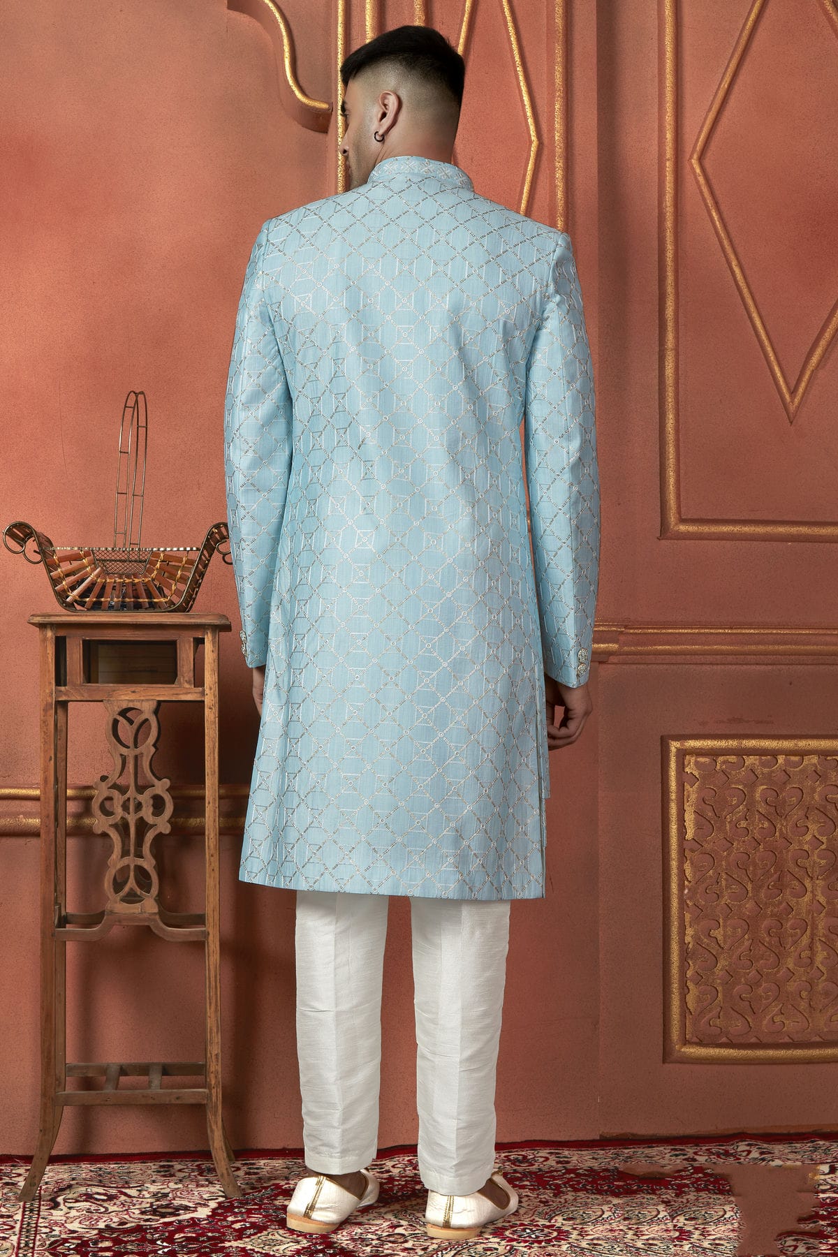 Sky Blue Colour Art Silk Indowestern Sherwani With Aligadhi Pant VSSH1230085