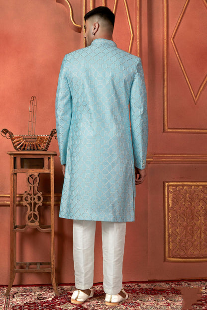 Sky Blue Colour Art Silk Indowestern Sherwani With Aligadhi Pant VSSH1230085