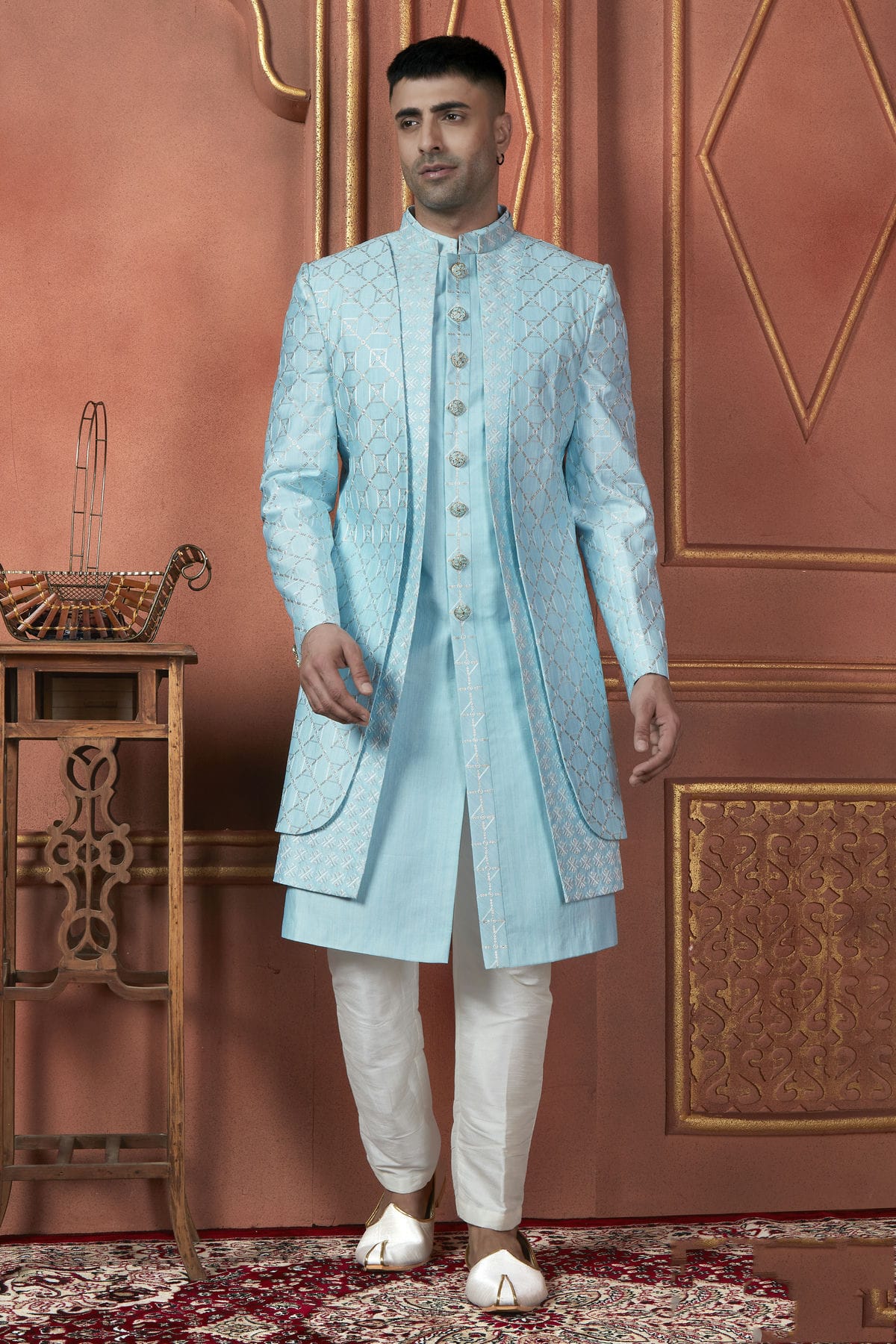 Sky Blue Colour Art Silk Indowestern Sherwani With Aligadhi Pant