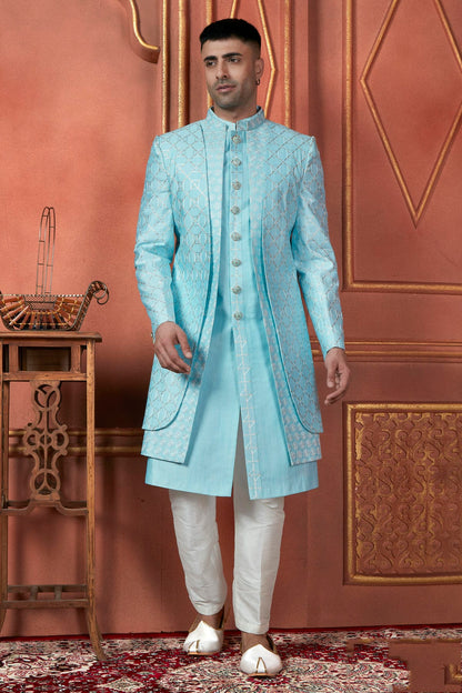 Sky Blue Colour Art Silk Indowestern Sherwani With Aligadhi Pant