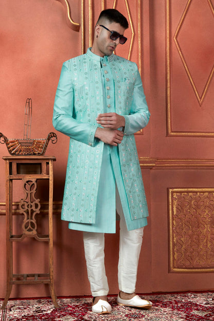 Sky Blue Colour Art Silk Indowestern Sherwani With Aligadhi Pant VSSH1230092