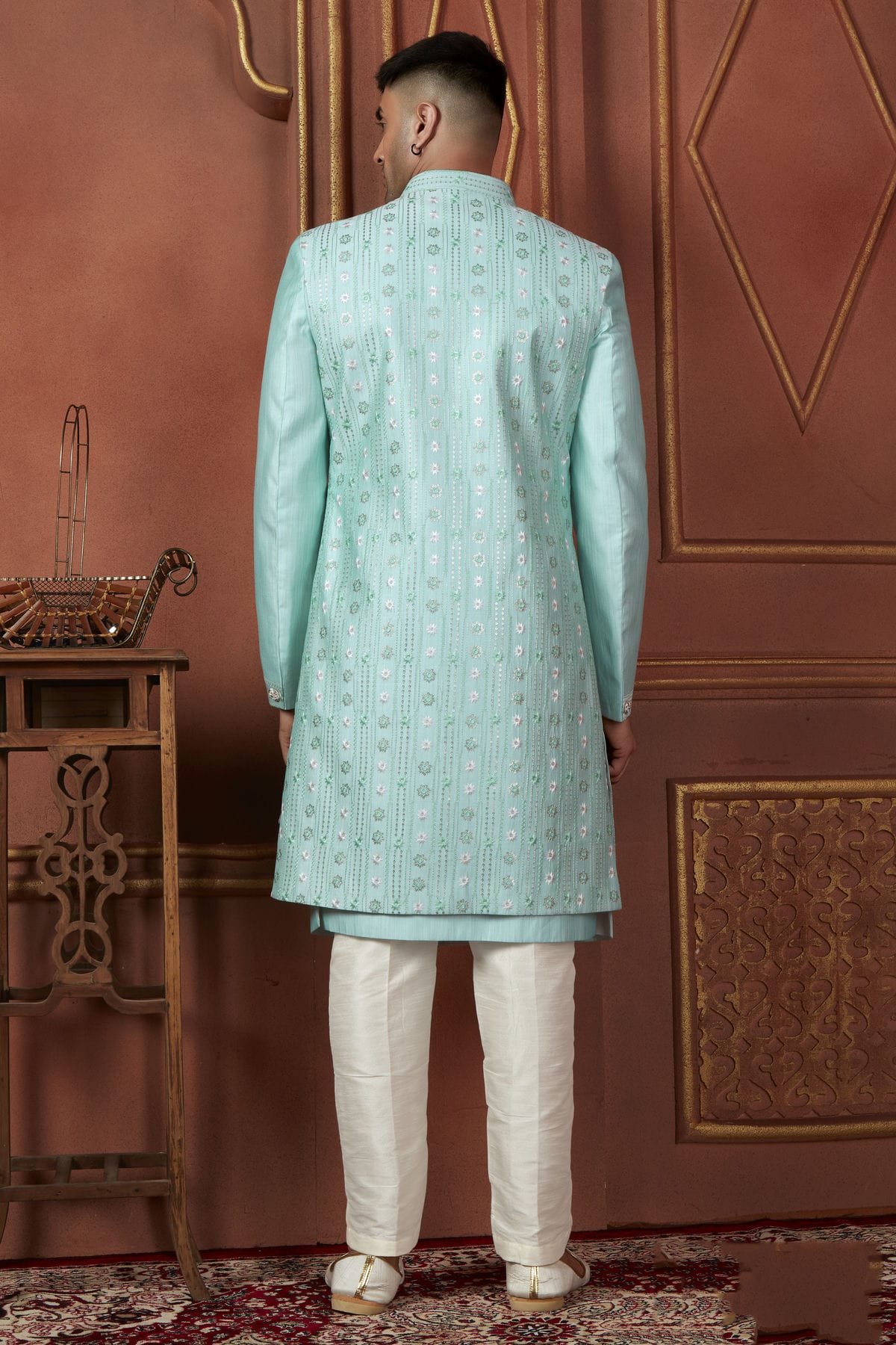 Sky Blue Colour Art Silk Indowestern Sherwani With Aligadhi Pant VSSH1230092