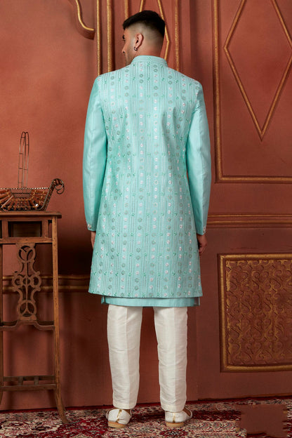 Sky Blue Colour Art Silk Indowestern Sherwani With Aligadhi Pant VSSH1230092