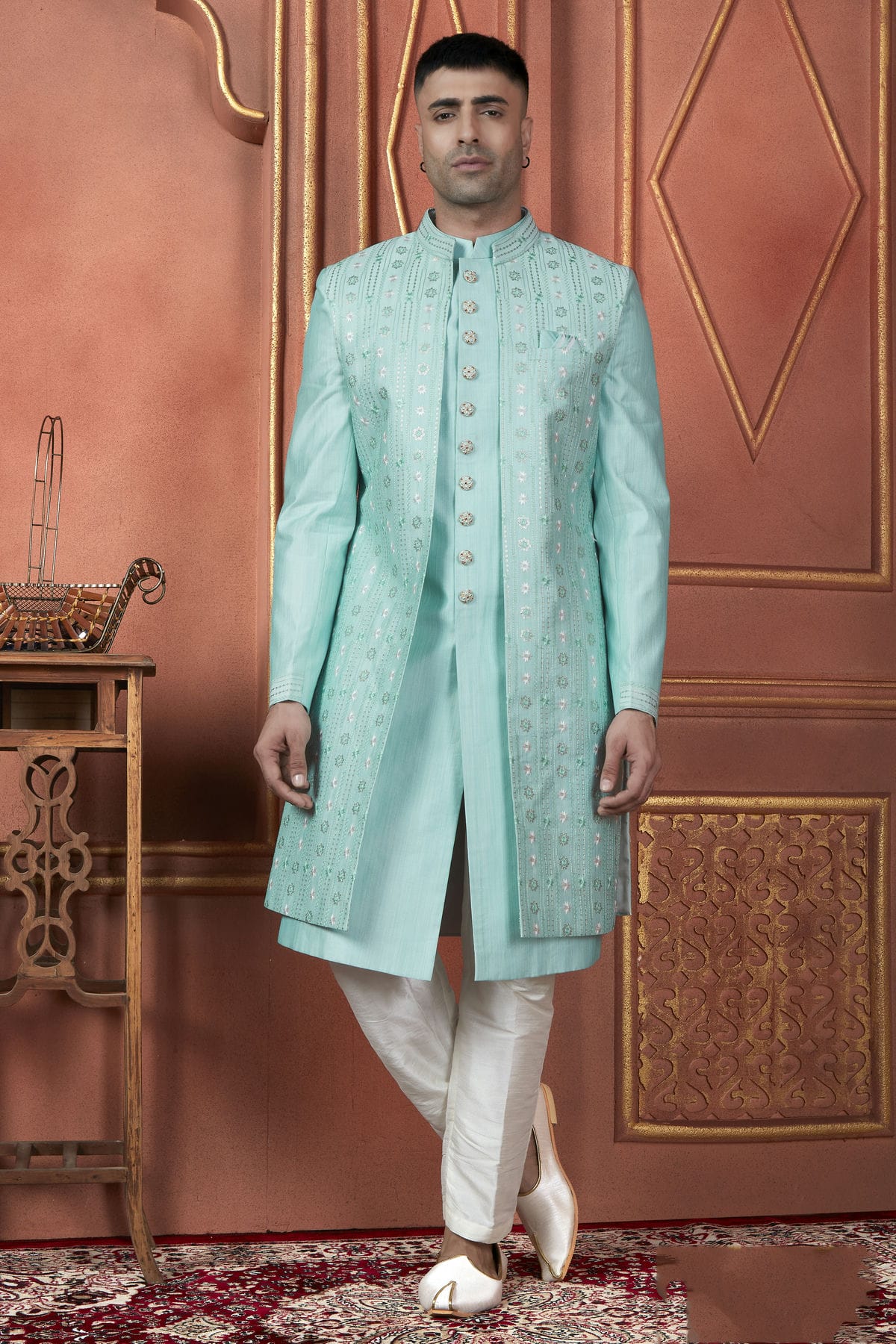 Sky Blue Colour Art Silk Indowestern Sherwani With Aligadhi Pant