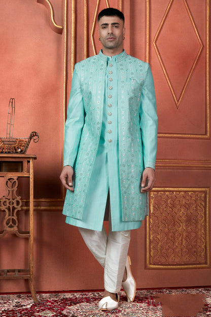 Sky Blue Colour Art Silk Indowestern Sherwani With Aligadhi Pant