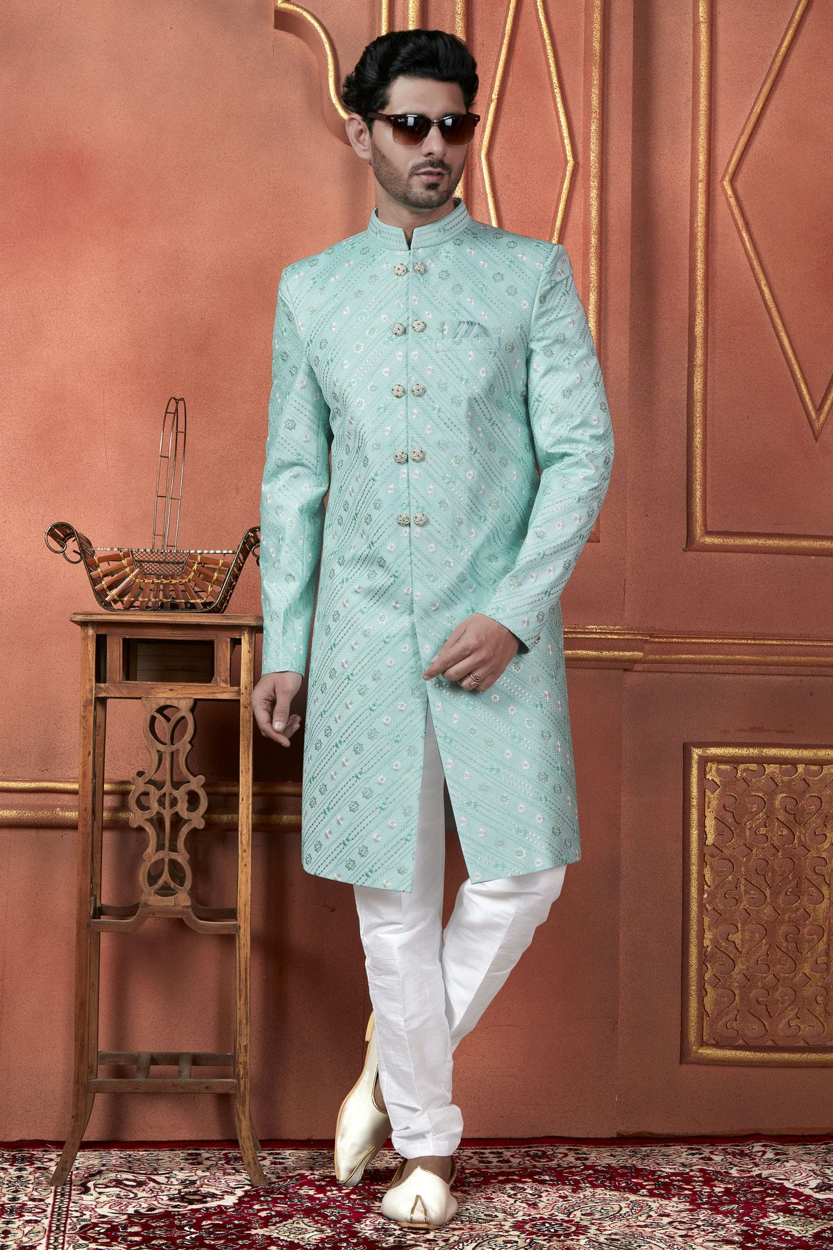 Sky Blue Colour Art Silk Indowestern Sherwani With Aligadhi Pant VSSH1230094