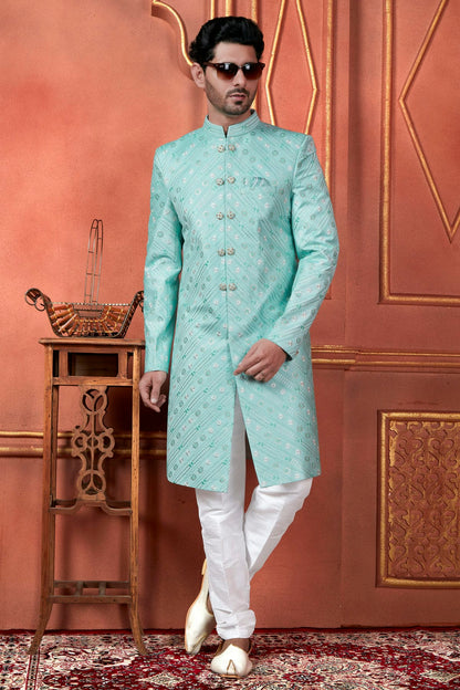 Sky Blue Colour Art Silk Indowestern Sherwani With Aligadhi Pant VSSH1230094